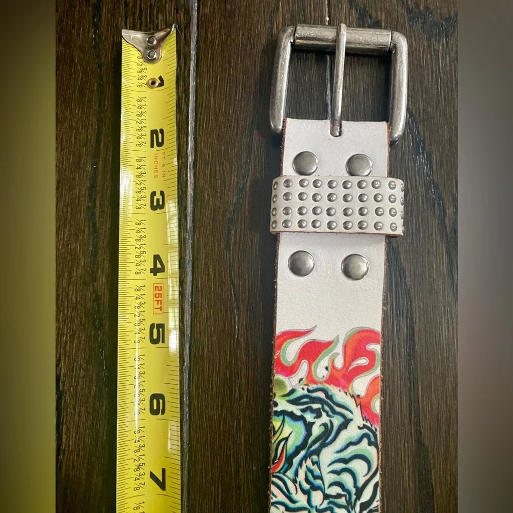 VTG White and Multi Color Ed Hardy Logo Leather Belt with rhinestones & studs 🔩 - Picture 10 of 16